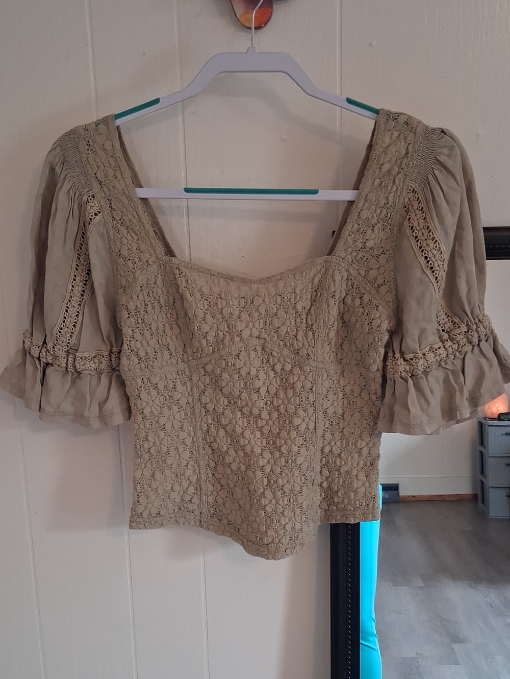 Free People Sage Green Cropped Lace Puff Sleeve On Or Off Shoulder Top